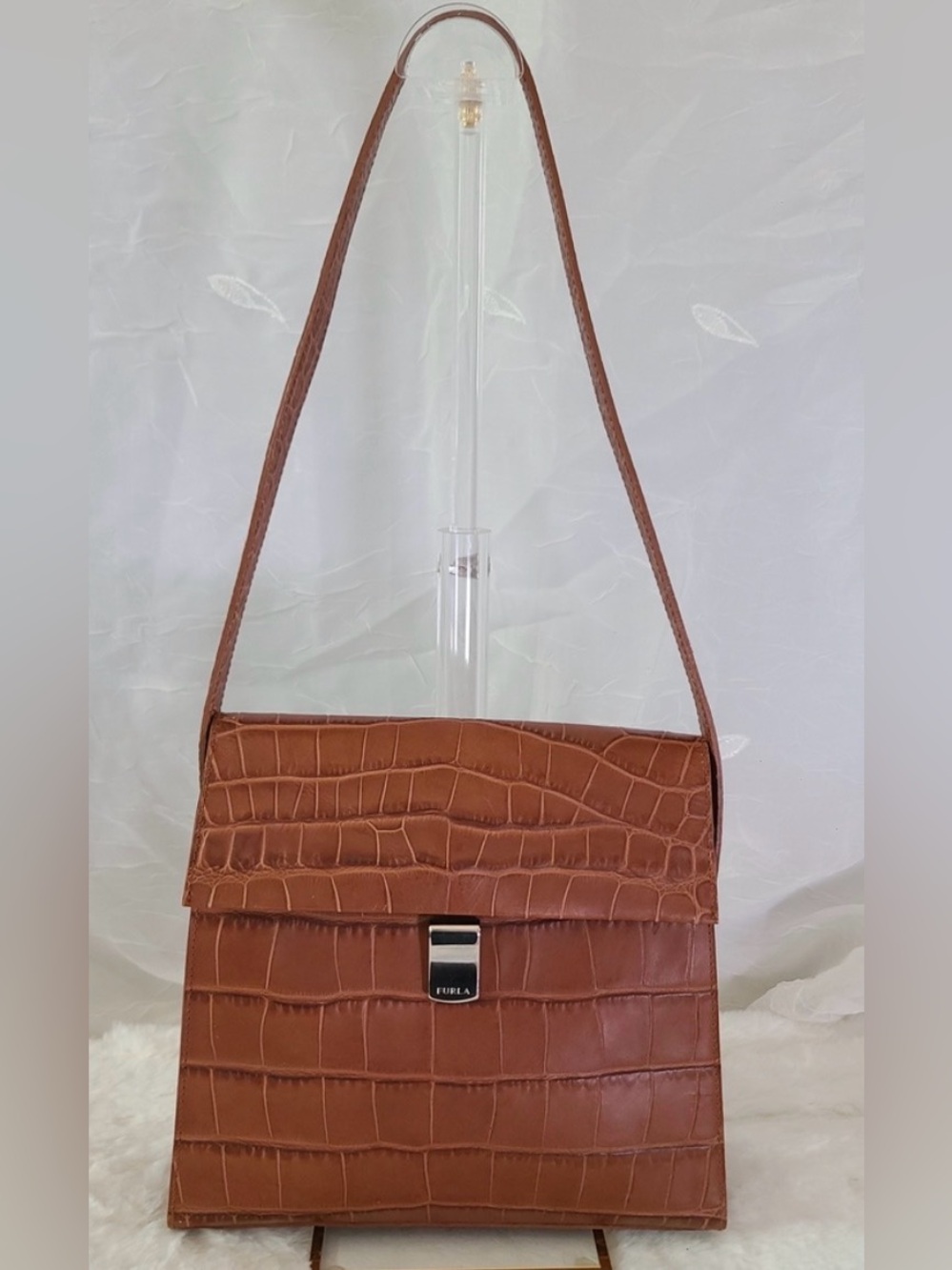 Furla Brown Croc-Embossed Leather Messenger Bag.
